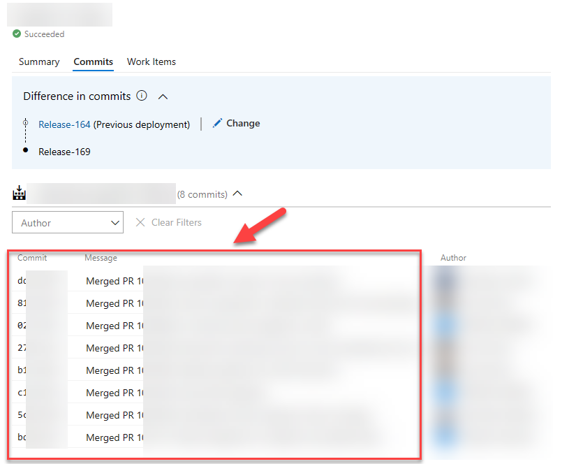 The details of a Release Pipeline in Azure DevOps, showing the corresponding commits.