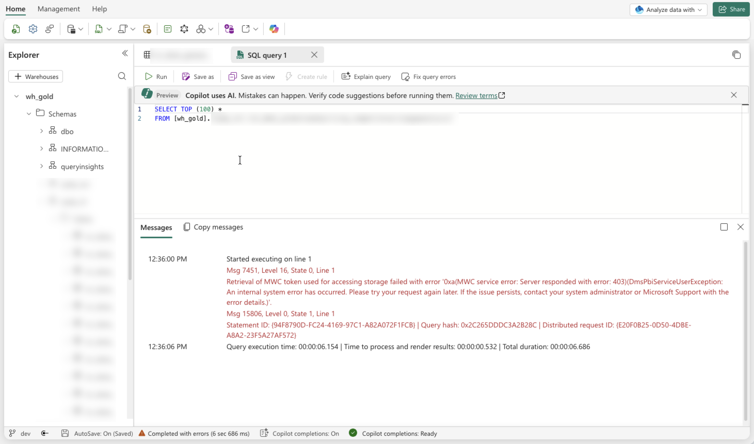 A simple SELECT query on the Warehouse