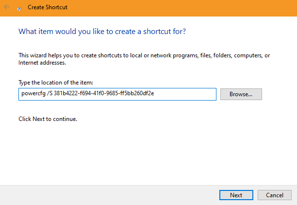 Create a shortcut with the power profile switching