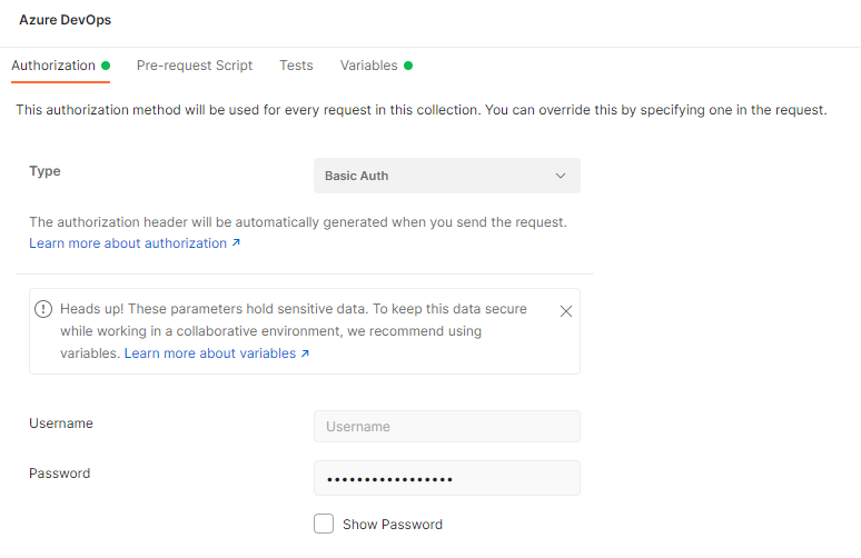 Adding Basic Auth to Postman for Azure DevOps